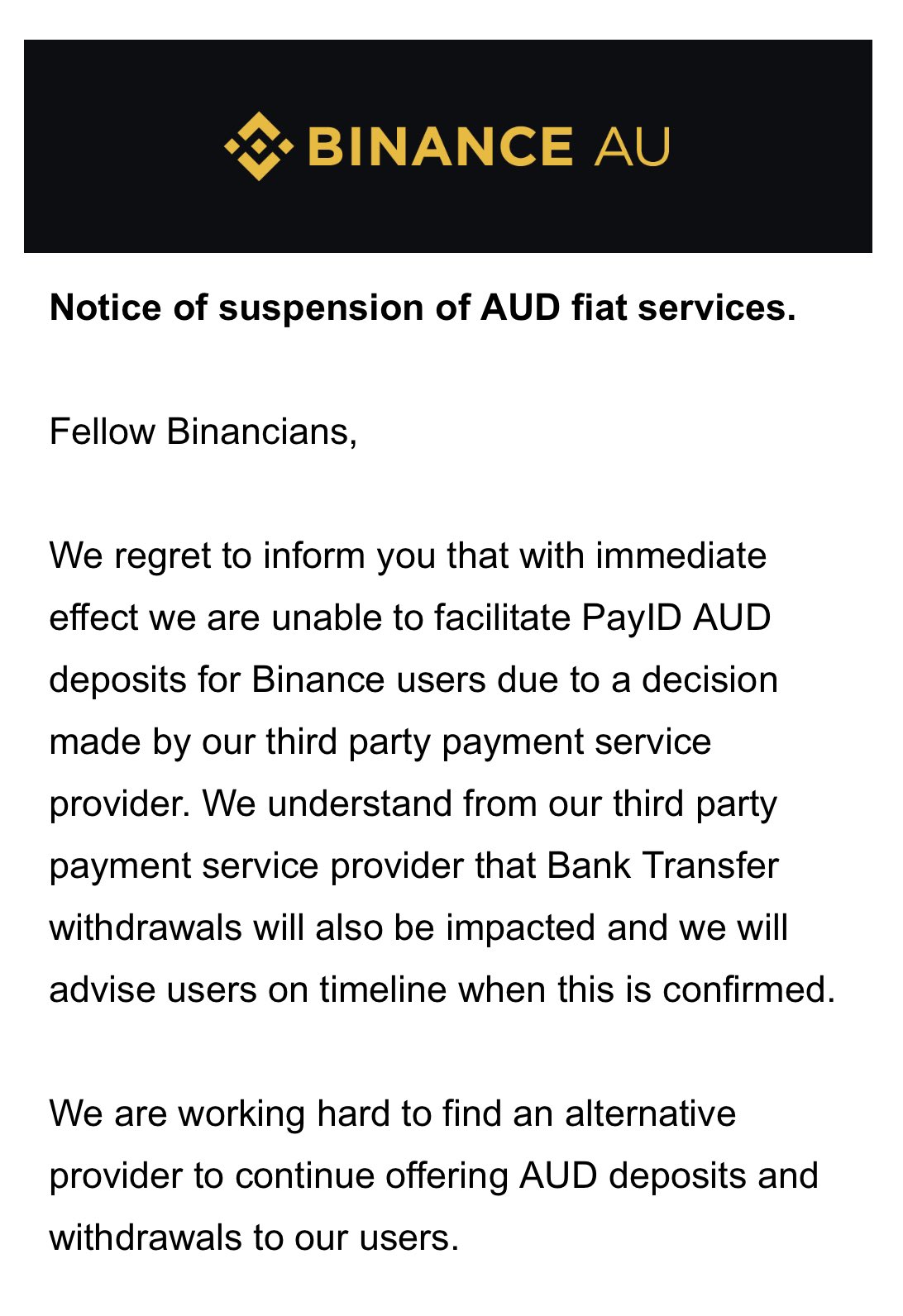 Binance notice of suspension of AUD fiat services